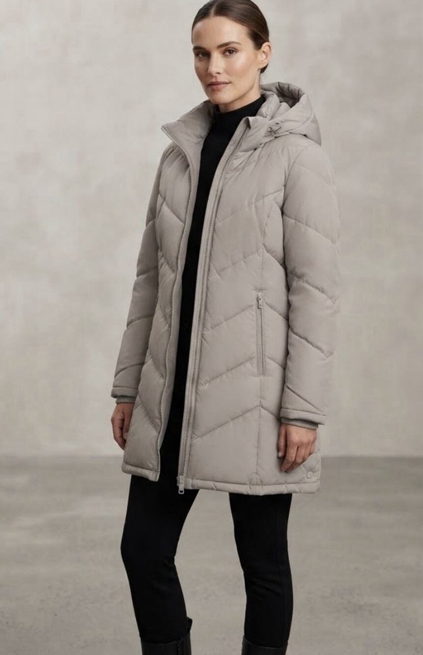 CALVIN KLEIN Chevron Quilt Sherpa Hooded Sorona Aura Puffer Coat Jacket Beige M